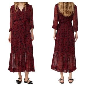 Ganni Georgette Floral Wrap Midi Dress Red Black Size 36 US 4 NWT